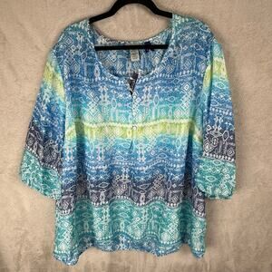 Catherines Top Womens 3XWP Blue Santa Fe Aztec Lightweight Bright Beach Peasant